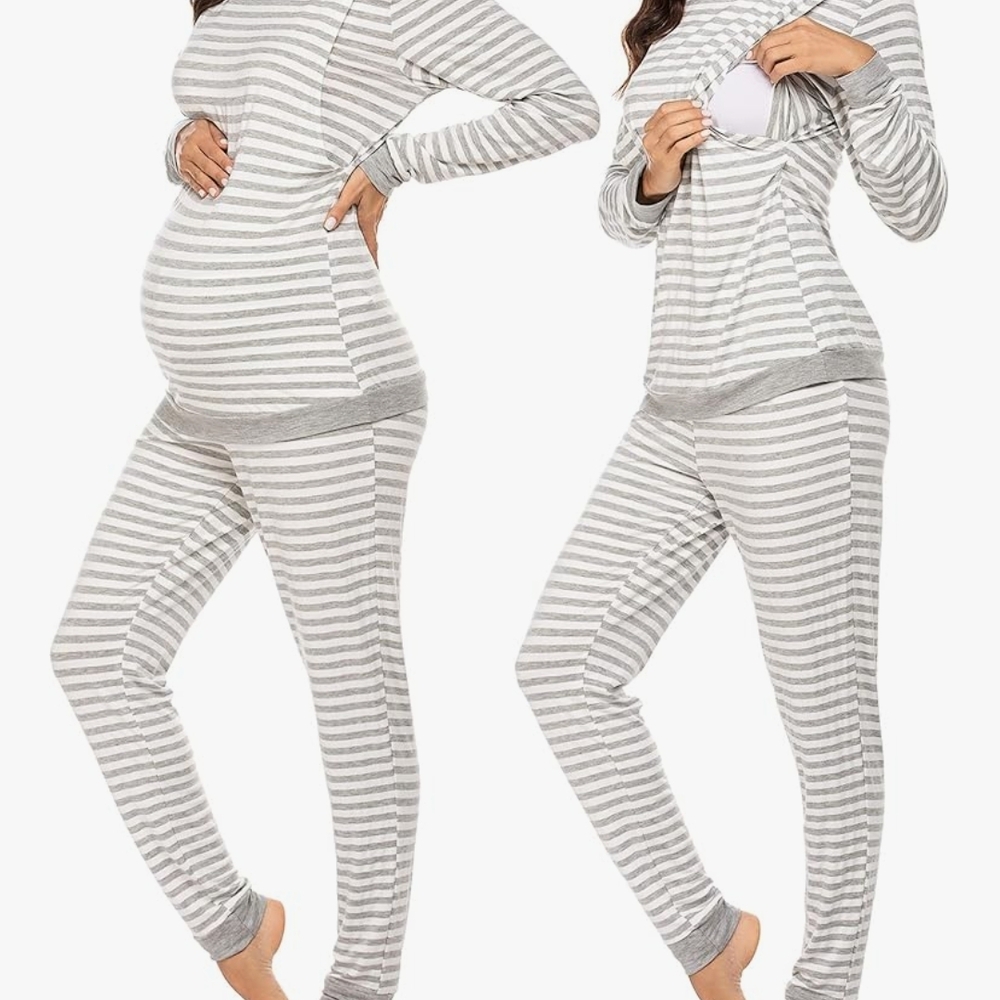 Striped Gray & White Maternity Nursing Pajama Set